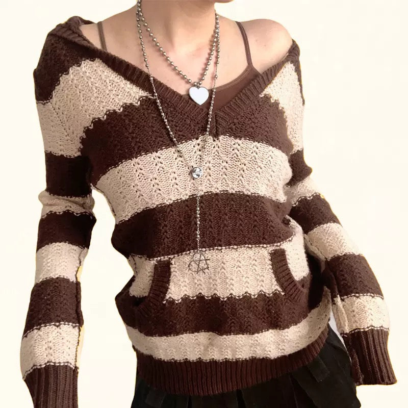 Y2K Grunge Knit Sweater In Brown & Beige Stripes