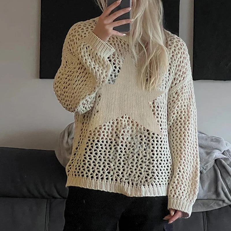 Maglione all'uncinetto con stella Y2K in crema