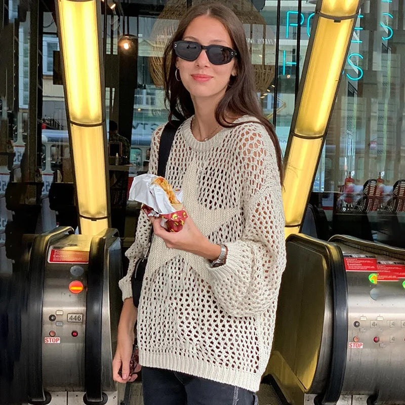 Maglione all'uncinetto con stella Y2K in crema