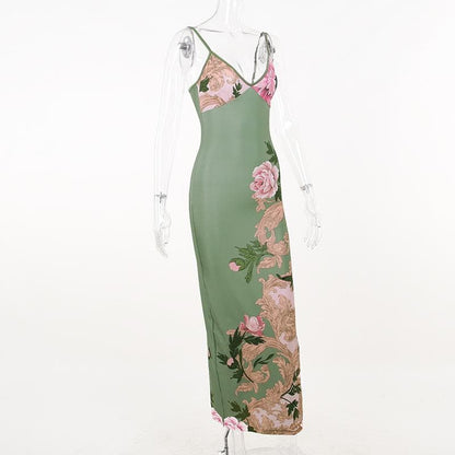 Rückenfreies Camisole-Maxikleid mit Blumenmuster und V-Ausschnitt in Kontrastfarbe 