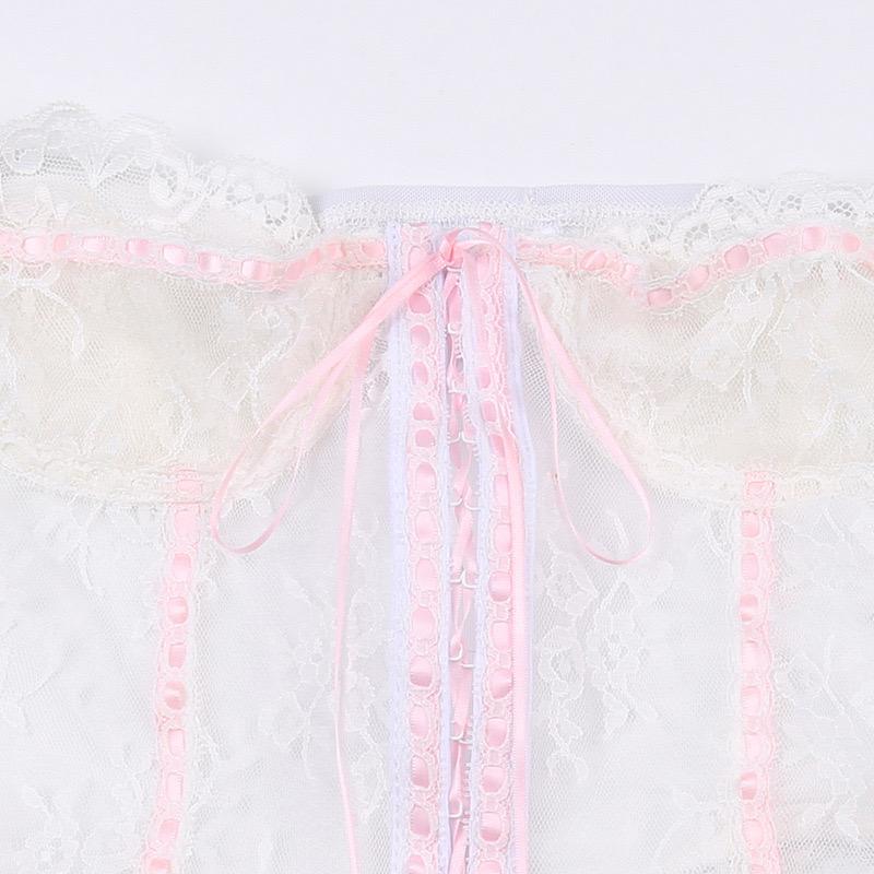 Lace contrast ruffle button mesh patchwork backless tube crop top