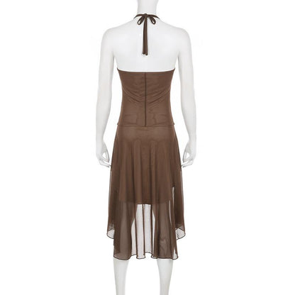 Rückenfreies Neckholder-Midikleid mit Rüschen und V-Ausschnitt aus Netzstoff 