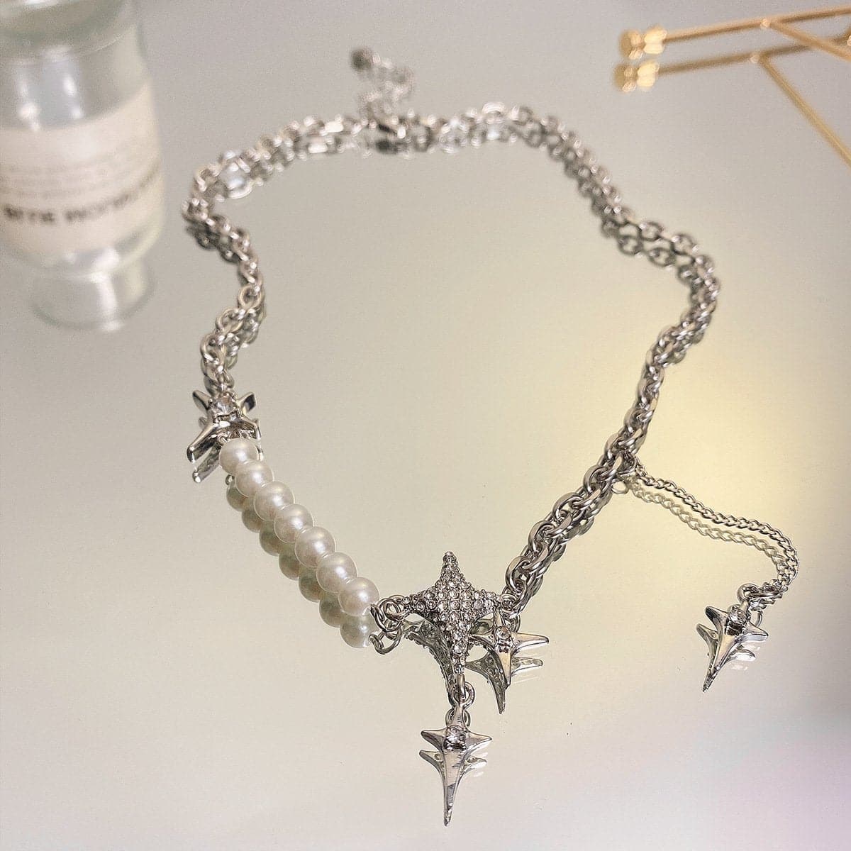 Star Pendant Faux Pearl Layered Choker Necklace