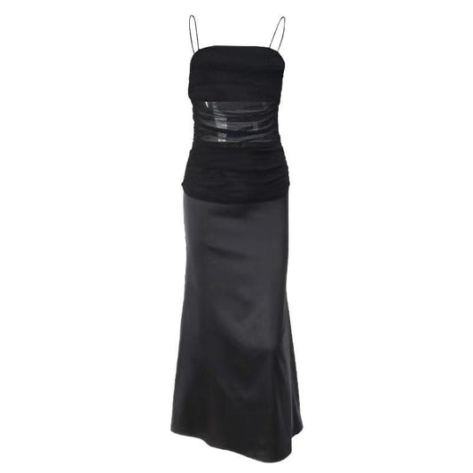 Rückenfreies, gerüschtes Camisole-Midikleid aus Mesh-Patchwork mit Reißverschluss 