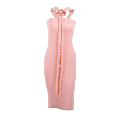 Geripptes, einfarbiges Midikleid mit Schlitz, Blumenapplikation und Rüschenband