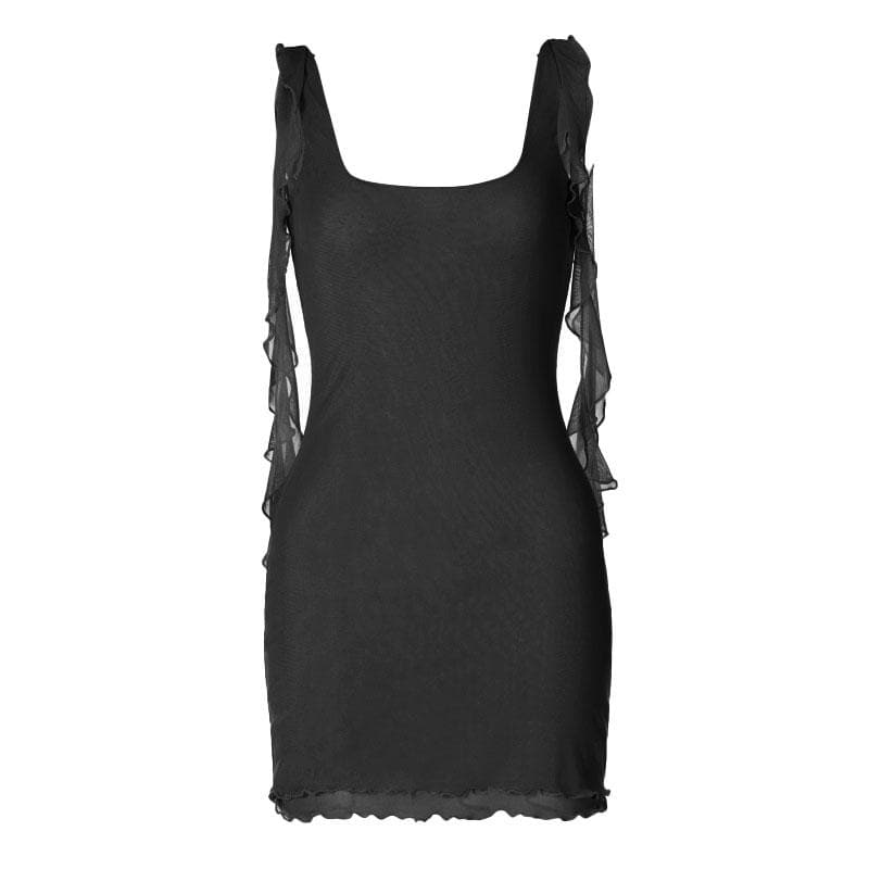 Square neck sheer mesh backless ruffle ribbon solid mini dress