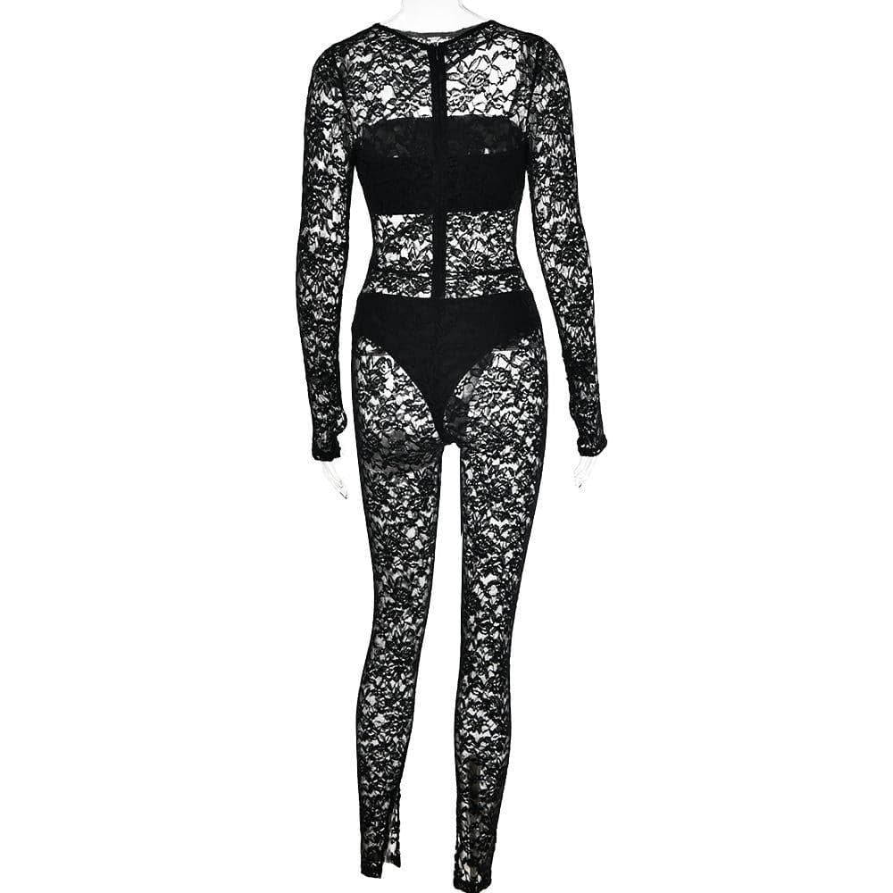 Einfarbiges Jumpsuit-Set mit langen Ärmeln und ausgehöhlten Schlauchhandschuhen und Reißverschluss aus Spitze