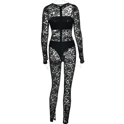 Lace solid long sleeve hollow out tube gloves zip-up jumpsuit set