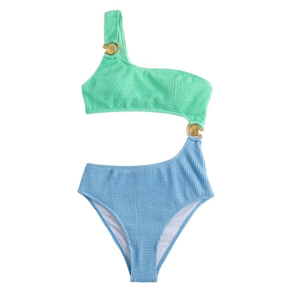Costume da bagno intero con spalla scoperta e anello a O in contrasto testurizzato