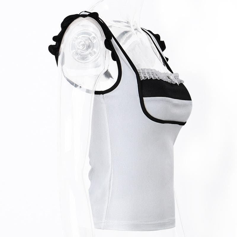 Top patchwork a contrasto con scollo quadrato, maniche corte e orlo in pizzo con volant 