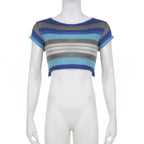 Knitted short sleeve striped contrast crop top