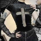 Cap sleeve mesh cross pattern velvet high neck solid top