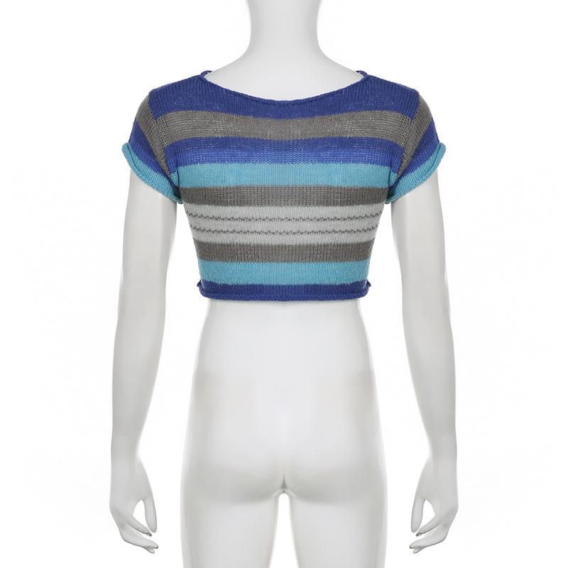 Knitted short sleeve striped contrast crop top