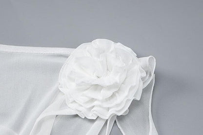 Sheer mesh see through solid ruffle flower applique sleeveless mini dress