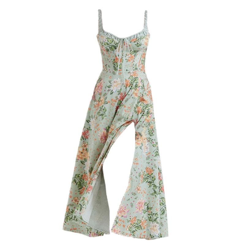 Ärmelloses Midikleid mit Blumenmuster, Rüschen und Selbstschnürung, kontrastierendem Schlitz und Reißverschluss