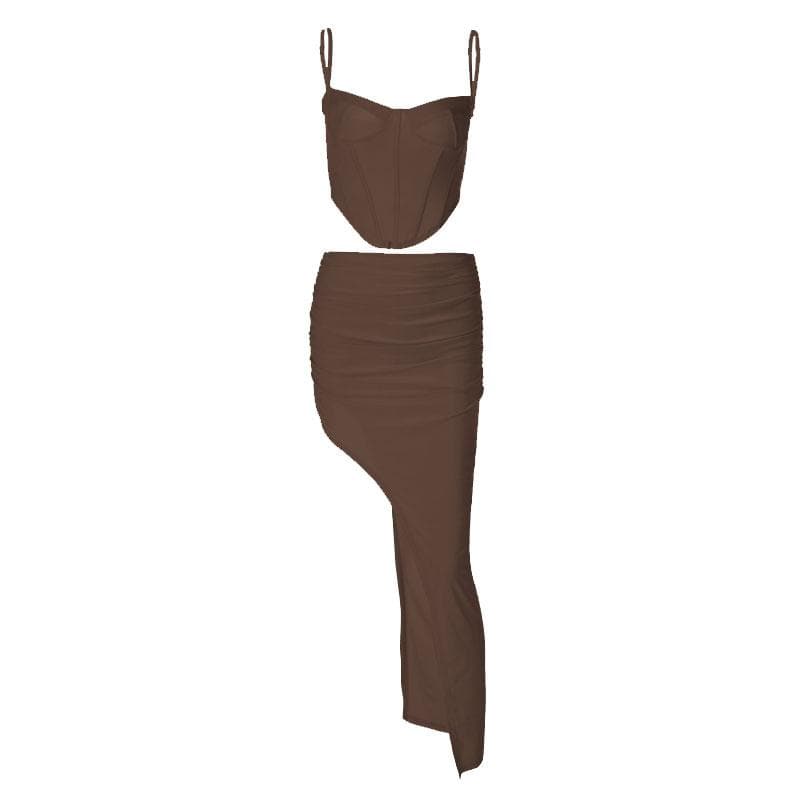 Low cut solid corset slit ruched backless cami maxi dress set