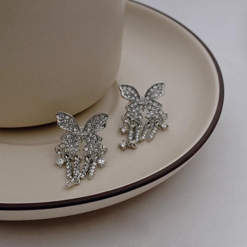 Butterfly Pendant Tassels Rhinestone Earrings
