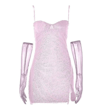 Strukturierte Netzhandschuhe, herzförmiger Ausschnitt, Reißverschluss, Schlitz, Camisole-Minikleid