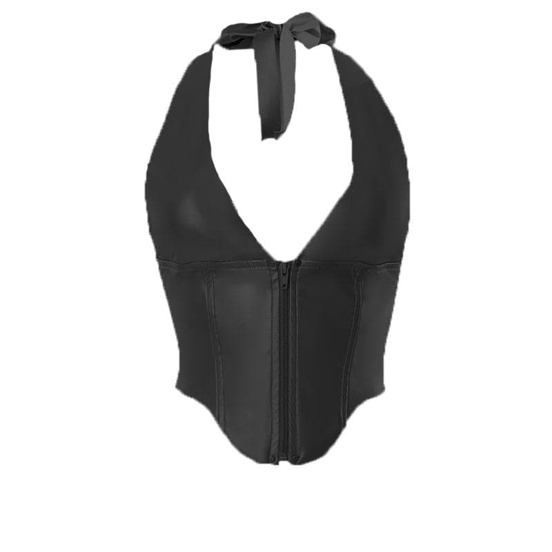 Neckholder-Crop-Top aus PU-Leder mit Reißverschluss und rückenfreiem V-Ausschnitt 