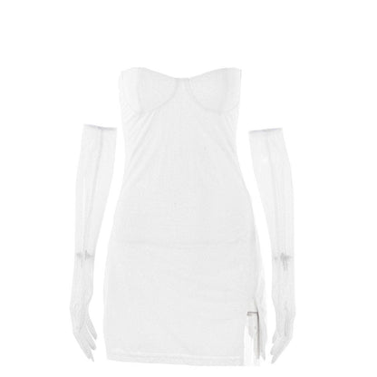 Strukturierte Netzhandschuhe, herzförmiger Ausschnitt, Reißverschluss, Schlitz, Camisole-Minikleid