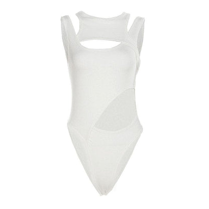 Hollow out irregular sleeveless solid patchwork bodysuit