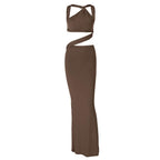 Backless hollow out o ring pearl chain solid maxi dress