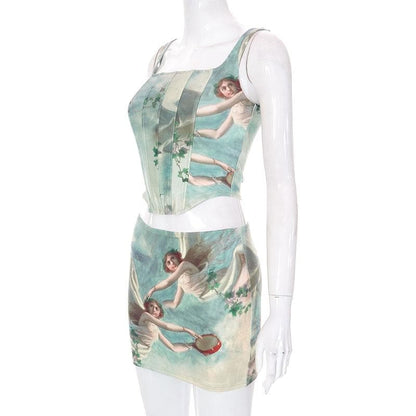 Square neck corset abstract print sleeveless backless mini skirt set