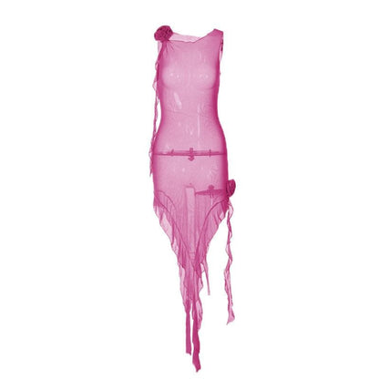 Ärmelloses Midikleid aus transparentem Netzstoff mit Rüschen und Blumenapplikation