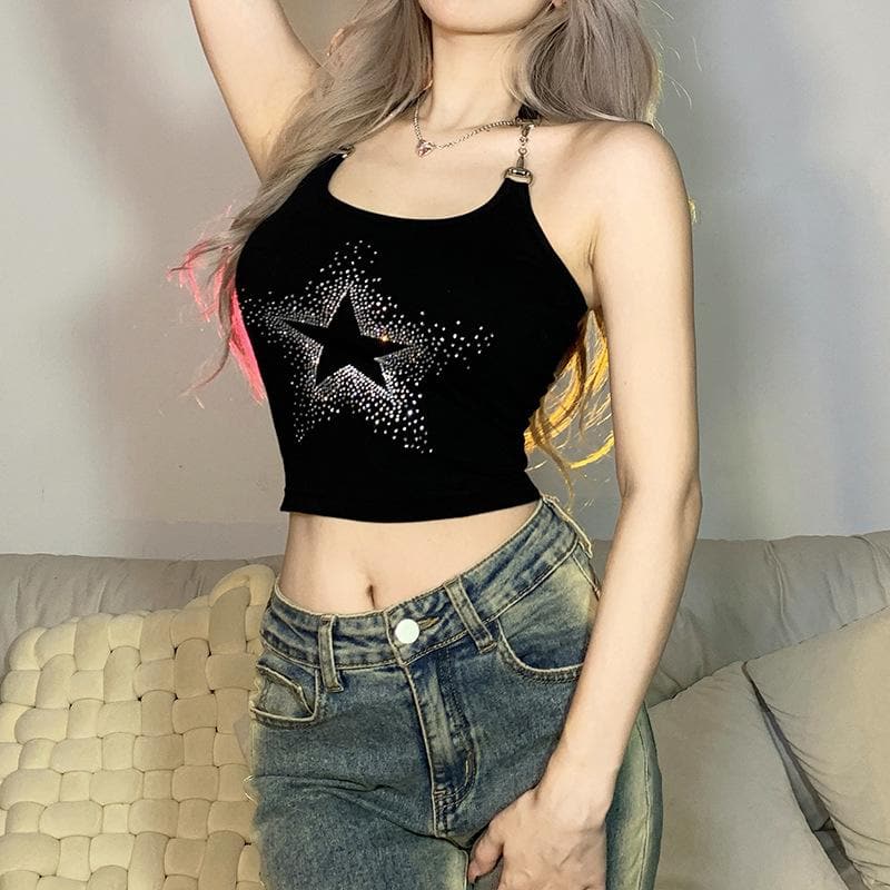 Halter metal chain backless u neck star beaded crop top