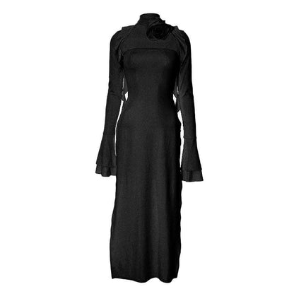 Maxikleid mit Blumenapplikation, Schlitz, ausgestellten Ärmeln und Schleife