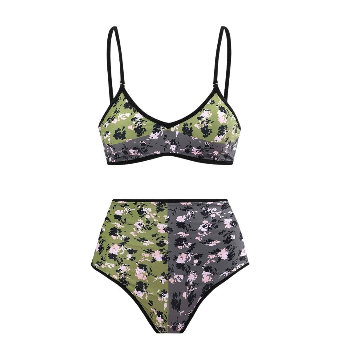 Costume da bagno 3 pezzi con canotta bidirezionale e scollo a V a contrasto con stampa floreale