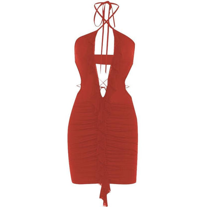 Ausgehöhltes, einfarbiges, gekreuztes Neckholder-Minikleid mit Rüschen 