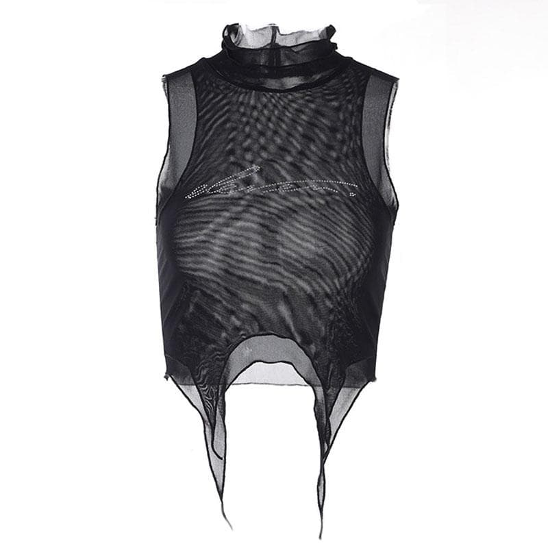 Sheer mesh see through beaded high neck crop top