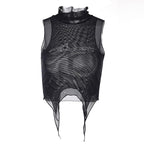 Sheer mesh see through beaded high neck crop top