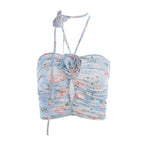 Ruched flower print contrast hollow out button halter backless crop top