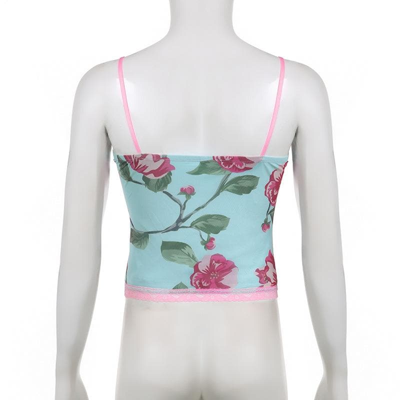 Top in rete a contrasto con scollo a V e stampa floreale con orlo in pizzo 