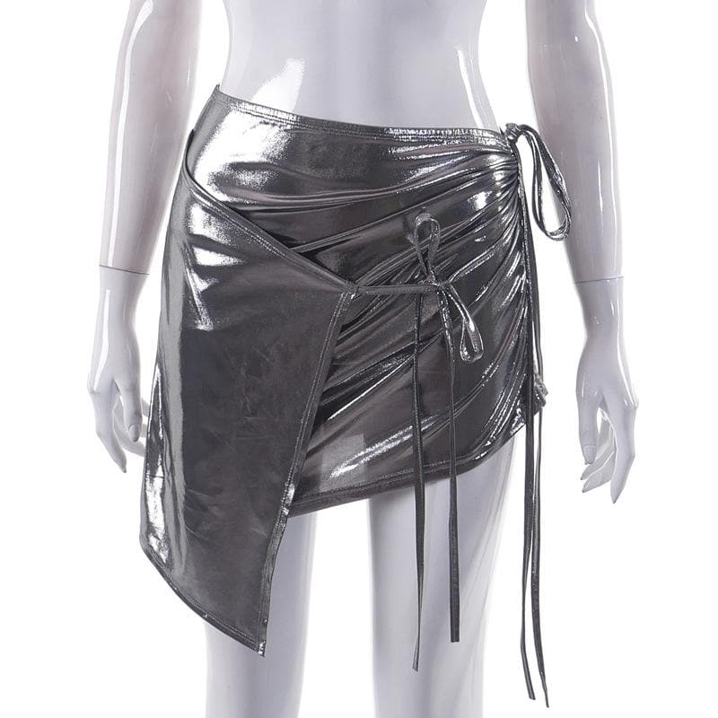Drawstring metallic self tie irregular low rise mini skirt