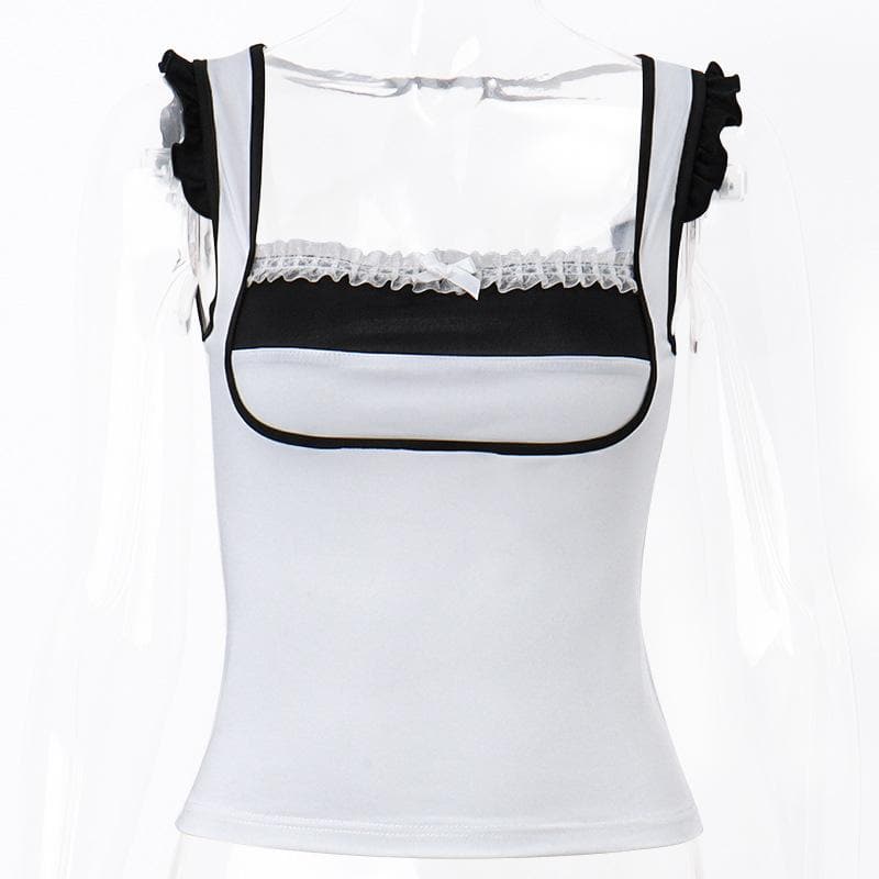 Top patchwork a contrasto con scollo quadrato, maniche corte e orlo in pizzo con volant 