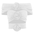 Flower applique ruched solid hollow out off shoulder top
