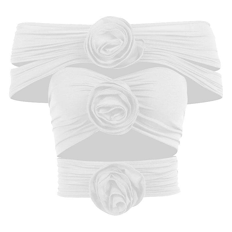 Top con spalle scoperte, arricciato e traforato, con applicazione floreale