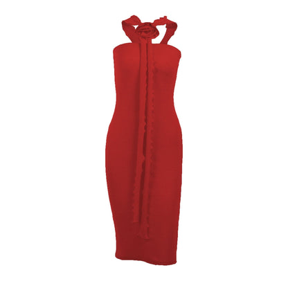 Geripptes, einfarbiges Midikleid mit Schlitz, Blumenapplikation und Rüschenband