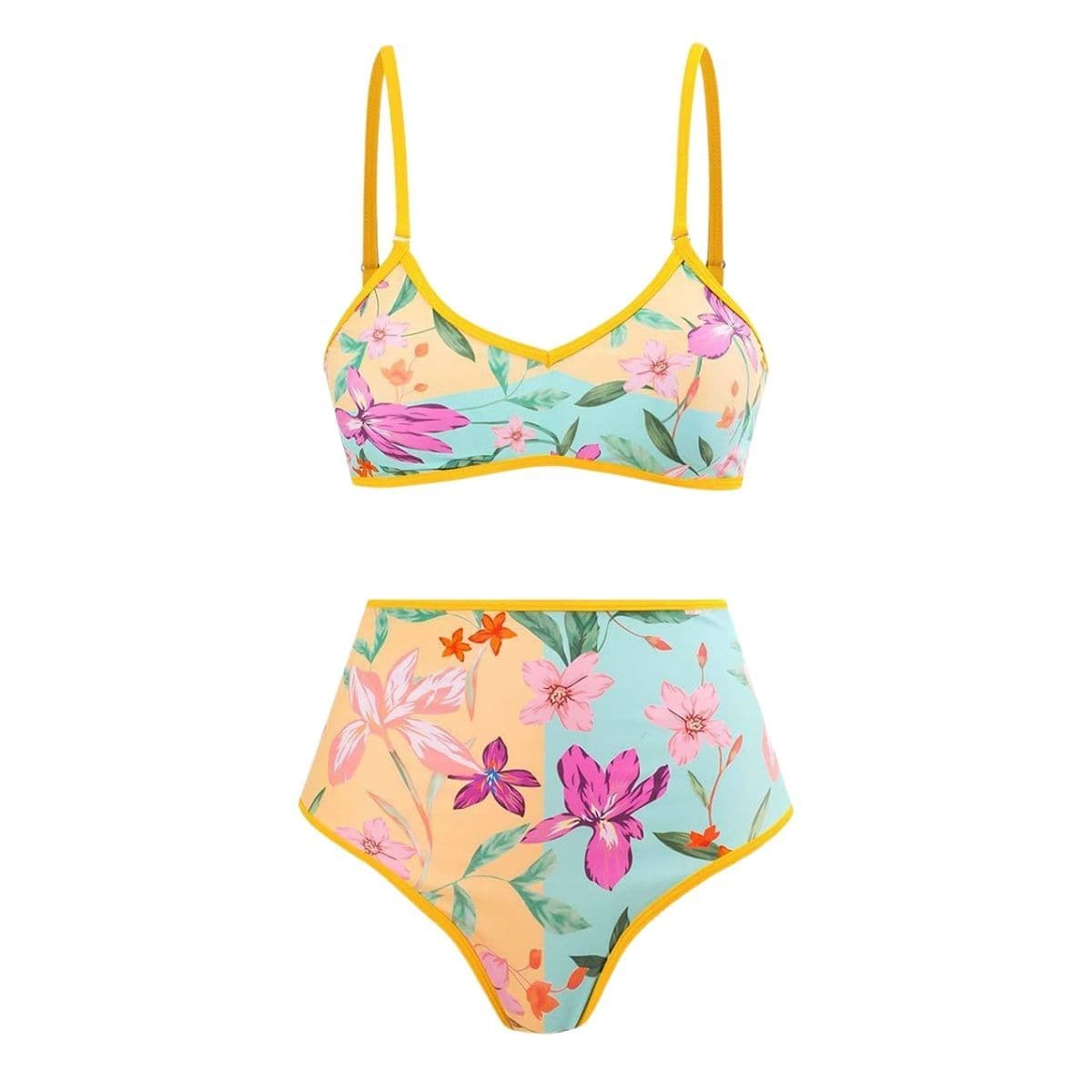 Costume da bagno 3 pezzi con canotta bidirezionale e scollo a V a contrasto con stampa floreale