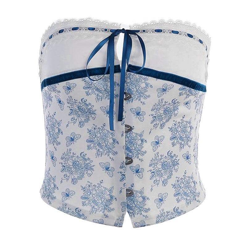 Backless lace hem button flower print stitch tube top