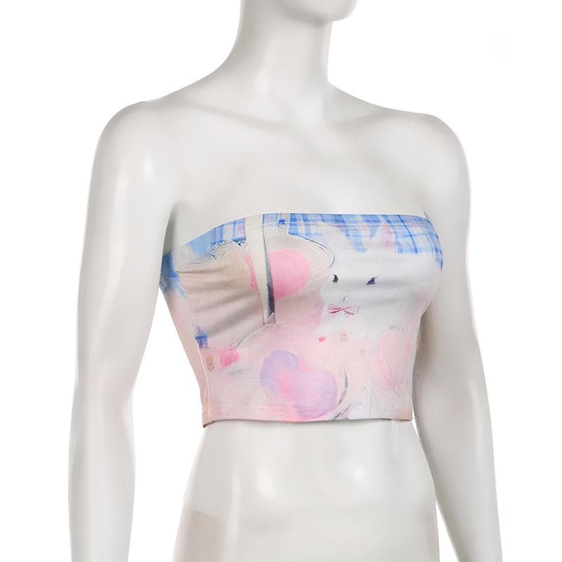 Rabbit pattern contrast backless tube crop top