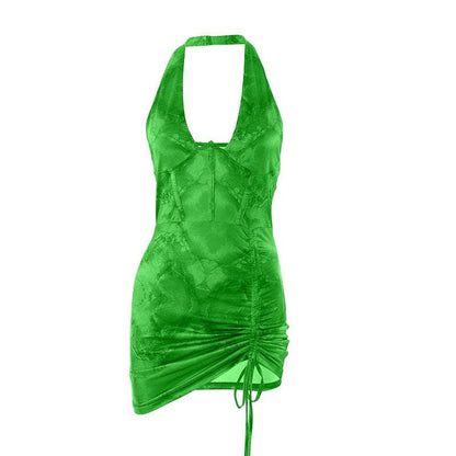 Rückenfreies Neckholder-Minikleid mit Korsett und Rüschen im Kontrastdruck 