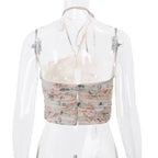 Ruched flower print contrast hollow out button halter backless crop top