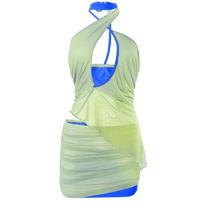 Contrast halter hollow out irregular self tie mesh mini skirt set