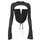 Top con corsetto, maniche svasate, scollo rotondo, schiena scoperta e lacci 