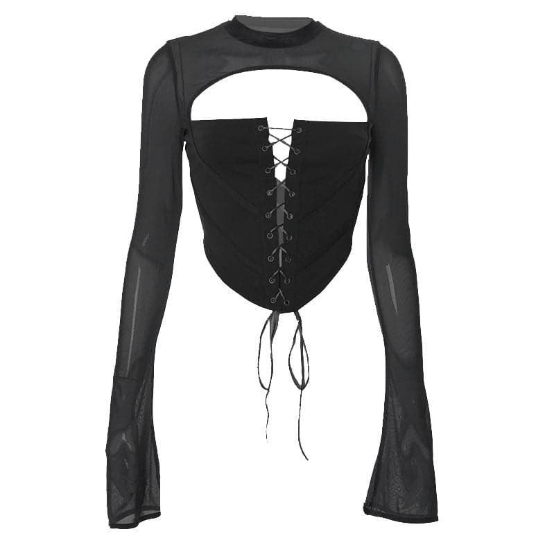 Top con corsetto, maniche svasate, scollo rotondo, schiena scoperta e lacci 