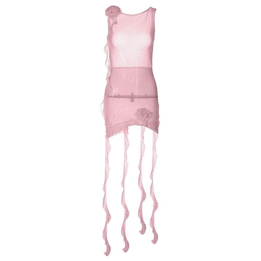 Sheer mesh see through solid ruffle flower applique sleeveless mini dress